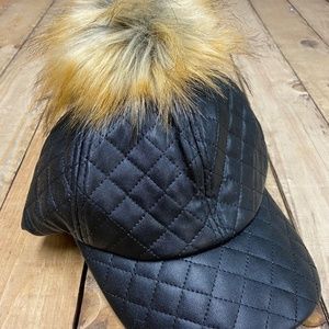 Black Faux Leather Quilted Fur Pom Pom Hat